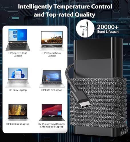 New Slim 65W USB C Laptop Charger Replacement for HP Chromebook Charger HP Spectre X360 HP Elitebook x360 Elitebook Elite x2 Envy ProBook Travel Fast Charging Type C Power Cord Supply