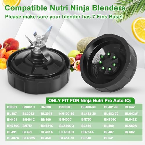 Blender Replacement Parts for Ninja, 24oz Ninja Blender Cup Replacement with To-Go Lid & 7-Fins Extractor Blade for Nutri Ninja Blenders BL2012 NN100-30 BL480-30 BL640-30 BL642-30 BN801 3pcs