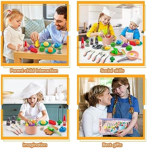 35Pcs Kids Kitchen Toy Accessories, Toddler Pretend Cooking Playset with Play Pots, Pans, Utensils, Cookware, Play Food Set, Toy Vegetables, Learning Gift for Girls, Boys (Pink)