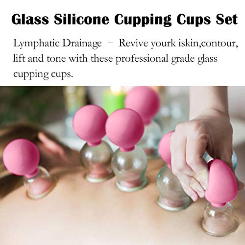 SETROVIC 4 Pieces Glass Silicone Cupping Cups Set Massage Vacuum Suction Cupping Tools Anti Cellulite Lymphatic Therapy Sets for Eyes Body Face Leg Arm Back Shoulder Muscle and Joint Pain (Pink)