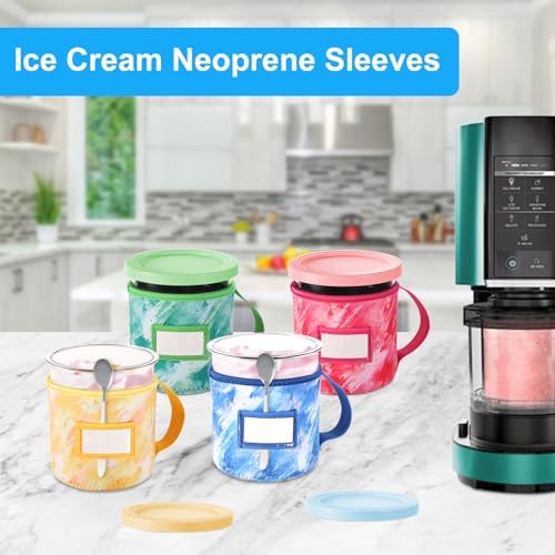 4pcs Dye Prints Ice Cream Neoprene Sleeves, with Handle Spoon Holder and Name Plate Slot Reusable Washable Insulated Sleeve for Ninja Creami Pints Container Accessories (24oz, 4 Styles)