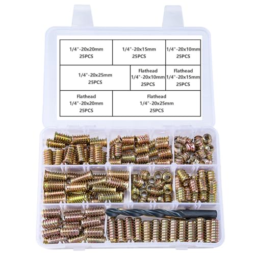 200 Pcs 1/4 "- 20 Wood Bolt Inserts Metal Nut Inserts - Hex Socket Drive Metric Bolt Assortment, Threaded Screws Fastener Connector for Furniture Replacement Parts (1/4"-20 Mixed Set)