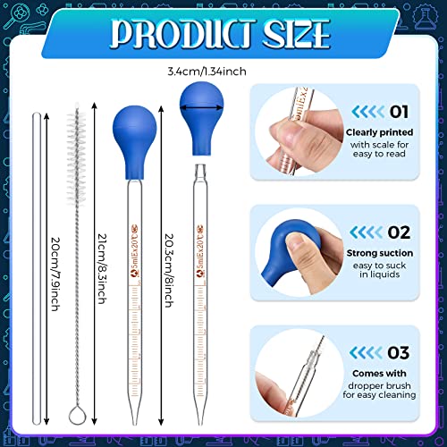 Weewooday Glass Droppers Pipettes Graduated Lab Dropper Glass Liquid Pipette with Big Rubber Hats 20 cm Stir Rod Washing Brush Transfer for Liquid Essential Oil(16 Pieces,Blue,5 ml)