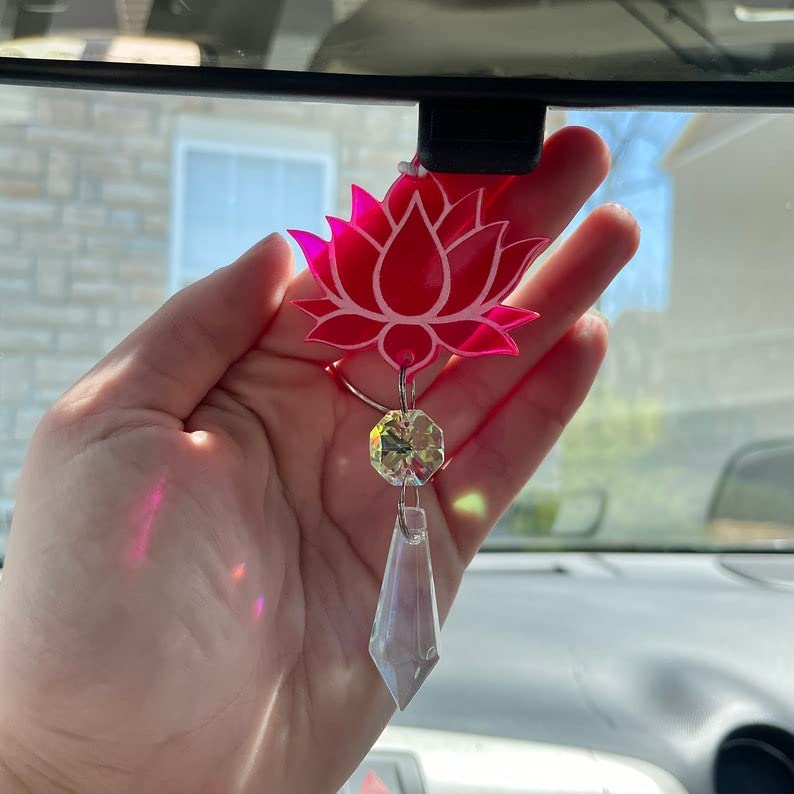Pink Lotus Flower Car Charm, Auto Rear View Mirror Accessories, Rainbow Crystal Suncatcher, BOHO Minimalist Dainty Decor, New Car Gift For Her