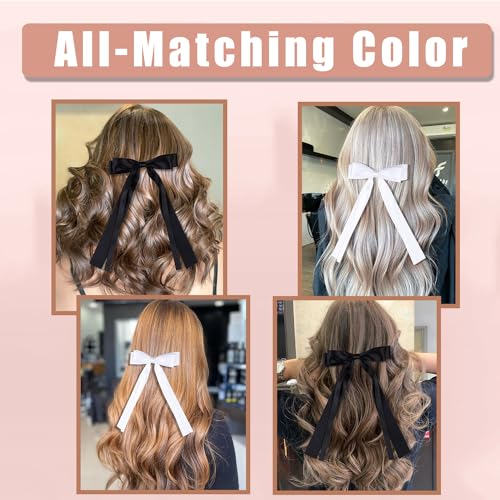 Oversized Long-Tail Hair Bows Set - 4 PCS Ribbons and Large Barrettes for Cute Aesthetic Hair Accessories for Girls (Black White)