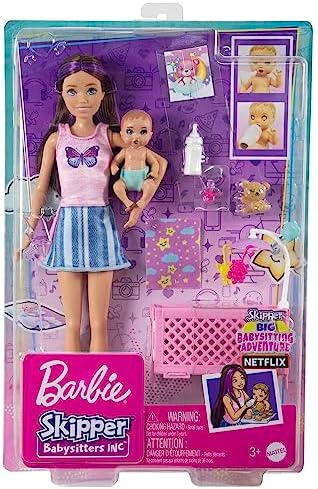 Barbie Skipper Babysitters Inc Crib Toy Playset with Skipper Doll, Baby Doll with Sleepy Eyes, Furniture & Accessories