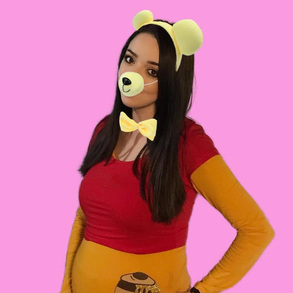 HODRME 3 Pieces Yellow Bear Ears and Nose Set-Bear Headband with Nose Bow Tie Cosplay Party Halloween Costume Accessories for Kids and Adults