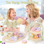 Wooden Tea Party Set for Little Girls Toddler Tea Set with Cupcake Stand & Food Dessert, Play Kitchen Accessories for Toddlers 2 3 4 5 6 Years Old, Wooden Toys Birthday Kids Girls Gifts 3-6