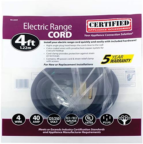 Certified Appliance Accessories 40-Amp Appliance Power Cord, 4 Prong Range Cord, 4 Wires with Eyelet Connectors, 4 Feet, Copper Wire