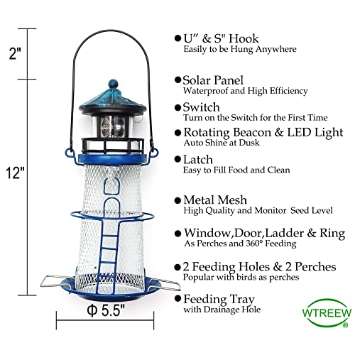 wtreew Solar Lighthouse Bird Feeder with Rotating Beacon - 14" Hanging Mesh Wild Bird Feeders for Eaves, Balcony, Trees, Hooks, Best Bird Feeder Gifts for Bird Lovers,Women,Kids,Elderly(Space Blue)