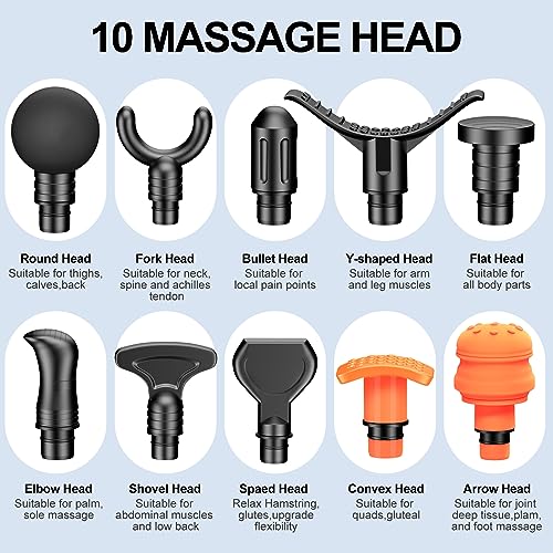 RAEMAO Massage Gun Deep Tissue, Back Massage Gun for Athletes for Pain Relief Attaching 10 PCS Specialized Replacement Heads, Percussion Massager with 10 Speeds & LED Screen, Grey