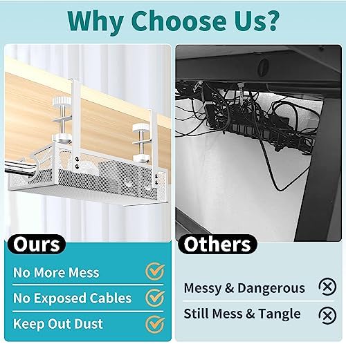 Under Desk Cable Management Tray White, No Drill Desk Cable Management Organizer with Clamp for Desk Wire Management, Desk PC Cord Organizer Accessories & Workspace Organizers for Office, Home(2 Pack)