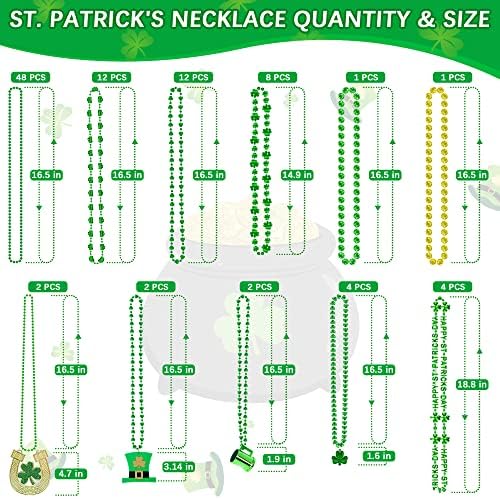 96PCS St. Patricks Day Necklace, 10 Kinds of St Patricks Beads Accessories, Metallic Irish Shamrock Beer Mug Coins Pendants Beads, Adult St Patricks Necklaces Bulk for Parade Party Supplies Favors