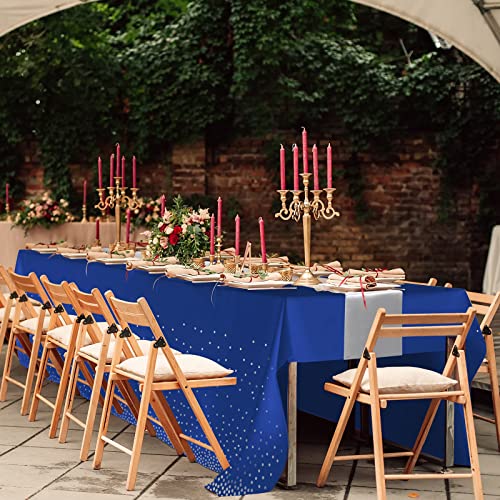 24Pack Disposable Plastic Tablecloths and Satin Table Runner Set Blue and Silver Dot Tablecloth Silver Satin Table Runner for Wedding Birthday Baby Shower Anniversary Christmas New Year Party Supplies