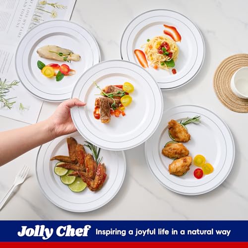 JOLLY CHEF 100 Pieces Silver Plastic Plates, 10 Inch Disposable Plates White Plate with Silver Rim, Heavy Duty Plastic Plates for Dinner, Birthdays and Weddings