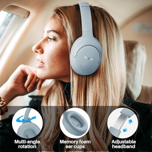 TOZO HT2 Hybrid Active Noise Cancelling Headphones, Wireless Over Ear Bluetooth Headphones Blue+HT2 Replacement Ear Pads White