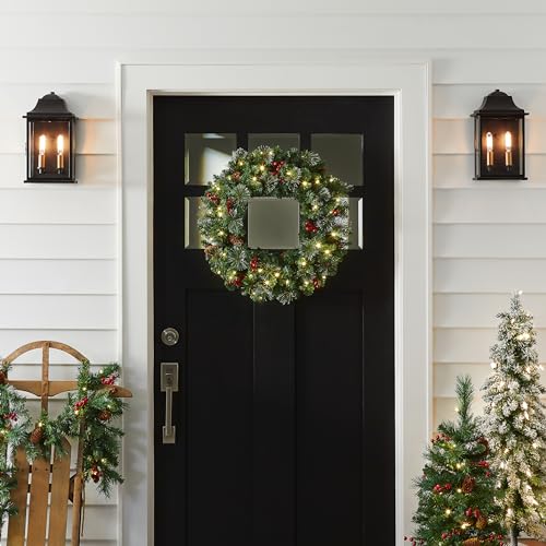 National Tree Company Pre-Lit Artificial Christmas Wreath, Green, Crestwood Spruce, White Lights, Decorated with Pine Cones, Berry Clusters, Frosted Branches, Christmas Collection, 24 Inches