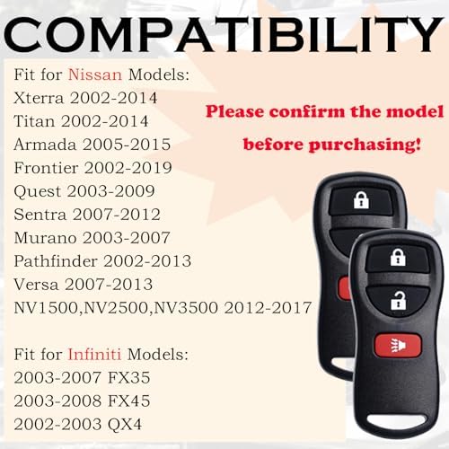 Keyless Entry Remote Control Key Fob Replacement Fits for Nissan Xterra Titan Armada Frontier 2002-2019 Quest Sentra Murano Pathfinder Versa Infiniti FX35 FX45 QX4 KBRASTU15 CWTWB1U733