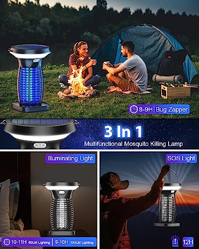Solar Bug Zapper, 3-in-1 Mosquito Zapper with Camping Lantern, Cordless Bug Zapper for Outdoor and Indoor, Battery Powered Fly Zapper, Waterproof Mosquito Killer for Patio, Home, Backyard, Camping