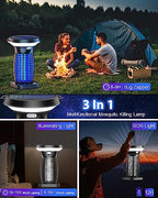 Solar Bug Zapper, 3-in-1 Mosquito Zapper with Camping Lantern, Cordless Bug Zapper for Outdoor and Indoor, Battery Powered Fly Zapper, Waterproof Mosquito Killer for Patio, Home, Backyard, Camping