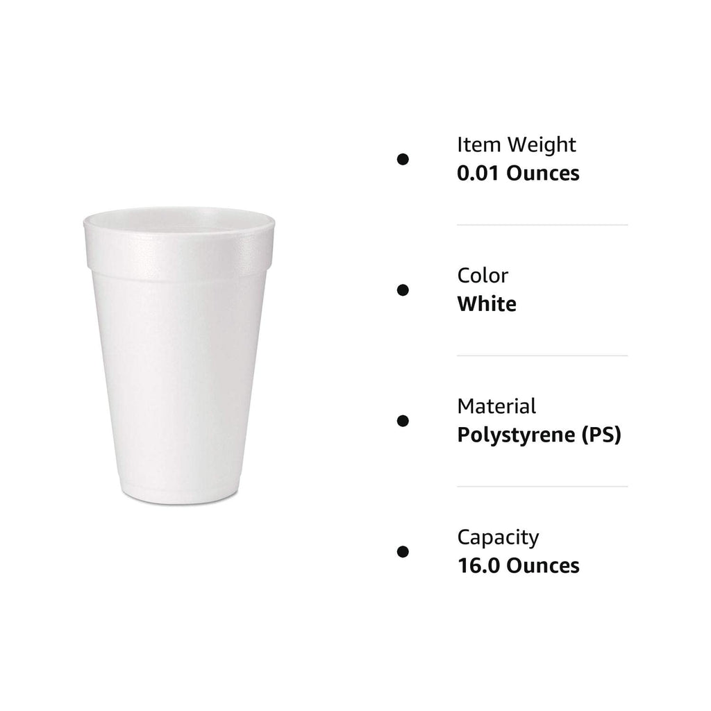 DART 16oz Foam Cups, Case of 500ct, 16J165 & 20J16 3.7" Top and 2.4" Bottom Diameter, 6.1" Height, 20 Oz Big Drink Foam Cup (Case of 500), White