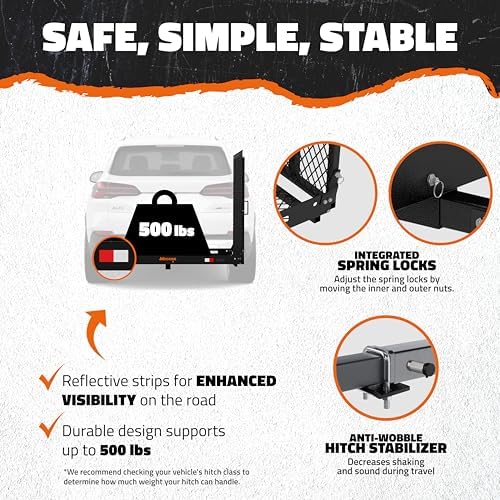 Mockins XL 60"x30"x5" Folding Hitch Cargo Carrier with Ramp | Heavy Duty Trailer Hitch Basket Cargo Carrier with Portable Wheelchair Ramp | 500 Lbs. Cap Weatherproof Steel Scooter Rack & Accessories