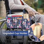 FINPAC Wheelchair Side Storage Bag w/Cup Holder, Wheelchair Armrest Accessories Pouch with Pen Slot and Reflective Strips for Power Wheelchairs, Walkers, Rollators, Seniors (Blooming Hibiscus)