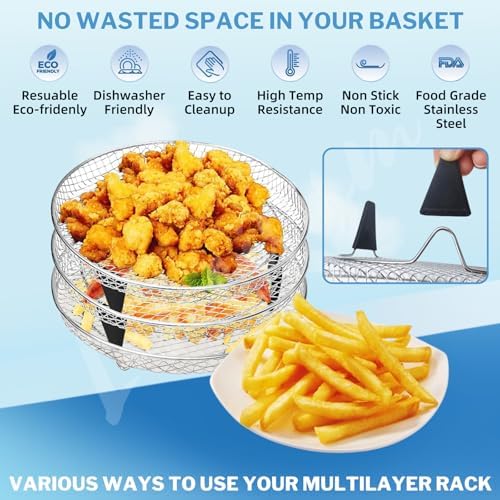 Air Fryer Accessories with 8pcs Foot Cover - 8" Square 3 Stackable Dehydrator Racks Fits 5.8 QT Air Fryer Racks for Cosori, Instant Vortex, Nuwave Air Fryer, Ninja Foodi Grill 304 Stainless Steel