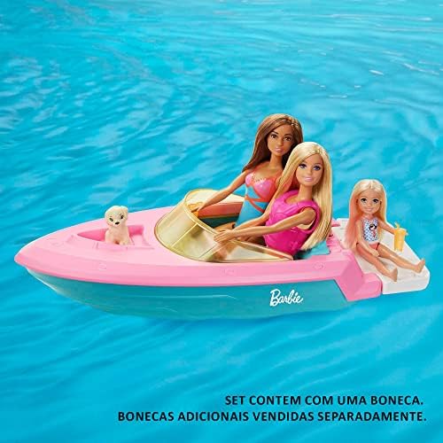 Barbie Doll & Toy Boat Playset with Pet Puppy, Life Vest & Beverage Accessories, Fits 3 Dolls & Floats in Water