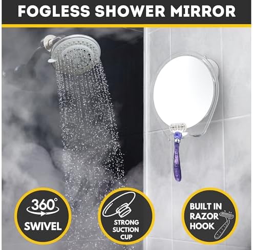 HONEYBULL Shower Mirror Fogless for Shaving - with Suction, Razor Holder for Shower & Swivel, Small Mirror, Shower Accessories, Bathroom Mirror, Bathroom Accessories, Holds Razors (White)