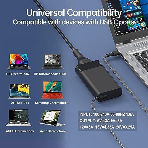 New Slim 65W HP Laptop Charger USB C - Replacement for HP Envy, Spectre, Elitebook, Chromebook - Type C Power Cord Adapter