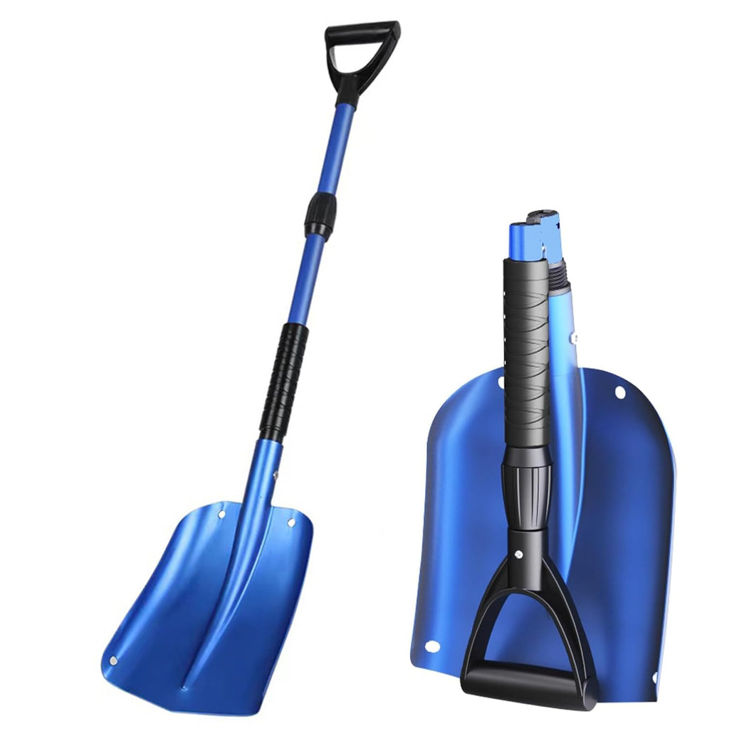 40" Collapsible Snow Shovel for Car, Emergency Snow Shovel with Ergonomic D-Grip Handle and Retractable Aluminum Handle, Portable Compact Snow Shovel for Car Trunk Snowmobiles Camping, Blue
