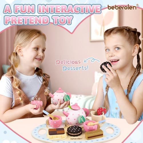 Wooden Tea Set for Little Girls Birthday Gift 2-4 Year Old Princess Toys Play Food Sets for Kids Kitchen Accessories Toddlers 3-5 Outdoor Party 1-3 Pretend Food Dessert Cookies Wood Toy