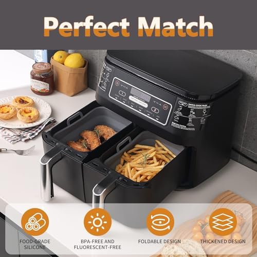 Collapsible 2-Pack Air Fryer Silicone Liners for 10QT NINJA Foodi Dual, Rectangular Air Fryer Silicone Pot, Reusable Silicone Air Fryer Basket for Air Fryer Accessories (Gray)