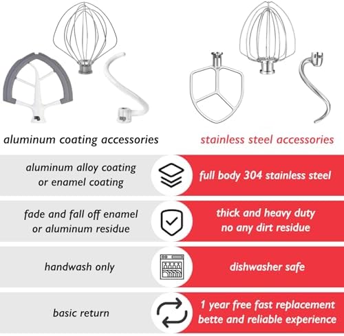 Stainless Steel Accessories for KitchenAid 5.5-6 Qt Bowl-Lift Stand Mixer, Includes 6 Wire Whisk, Beater, Dough Hook, Dishwasher Safe and Heavy Duty, fits for KP26, KL26, KB26, KSM55/60