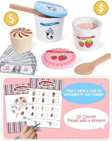 Wooden Ice Cream Toys Kids Kitchen Play Store for Toddlers Girls, Play Kitchen Accessories with Scoop & Menu & Fake Money, Wooden Toys for 3 4 5 Year Old Girls Boys Birthday