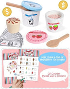 Wooden Ice Cream Toys Kids Kitchen Play Store for Toddlers Girls, Play Kitchen Accessories with Scoop & Menu & Fake Money, Wooden Toys for 3 4 5 Year Old Girls Boys Birthday