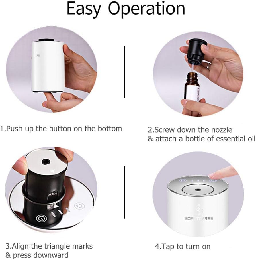 Scentcares Waterless Diffuser Essential Oil Nebulizer Battery Operated, No Water & Portable & Smart & Cordless Design, Aromatherapy Atomizing Diffuser for 3 Cold Mist & Timer 1/2/3H (White)