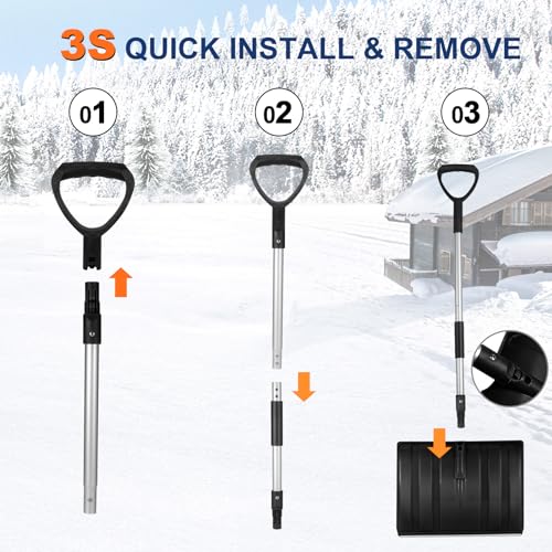 Ergonomic Large Snow Shovel for Driveway: 52-Inch Snow Shovel for Snow Removal Lightweight Portable Plastic Aluminum Blade Shovel for Garden, Car, Camping
