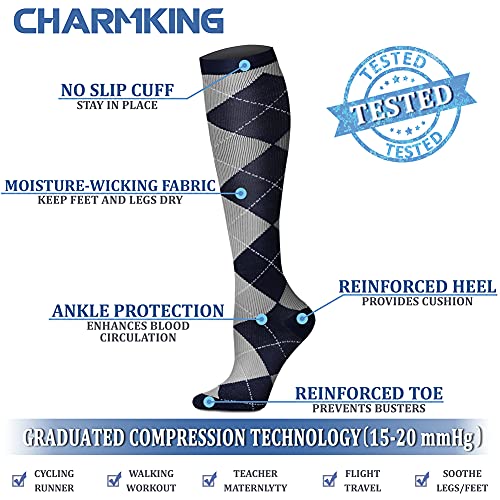 CHARMKING Compression Socks for Women & Men (8 Pairs) 15-20 mmHg Graduated Copper Support Socks are Best for Pregnant, Nurses - Boost Performance, Circulation, Knee High & Wide Calf (S/M, Multi 18)