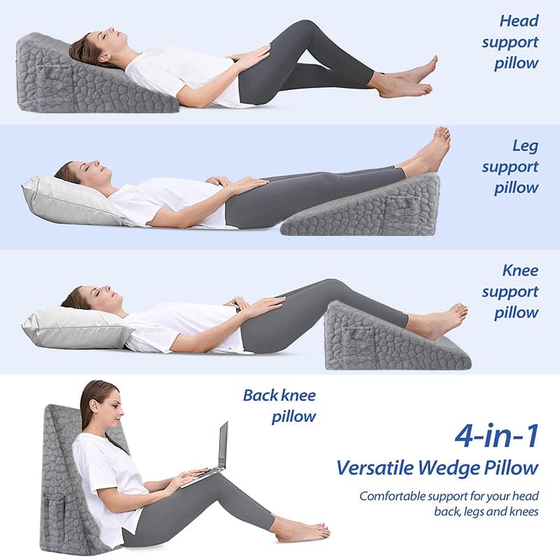 Bespilow Triangle Wedge Pillow for Sleeping Bed Wedge Pillow for After Surgery Elevated Pillow Wedge for Acid Reflux Gerd Snoring Back Pain, 2 Exclusive Pockets | Cooling Gel Memory Foam Top