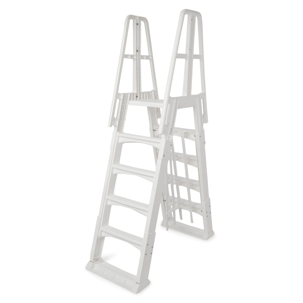Vinyl Works SLA A-Frame 48 to 56 Inch Adjustable Above Ground Swimming Pool Ladder Entry System with Slide Lock Barrier and Handrails, White