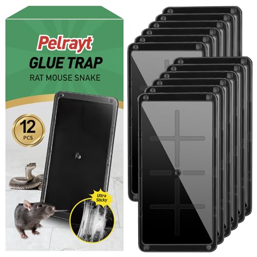 Pelrayt Rat & Mouse Traps 12-Pack - for House Indoor Outdoor, Pre-Baited Heavy Duty Non-Toxic Bulk Glue Boards，Easy to Set, Snake, Mice, Spider Pet Safe Pest Control