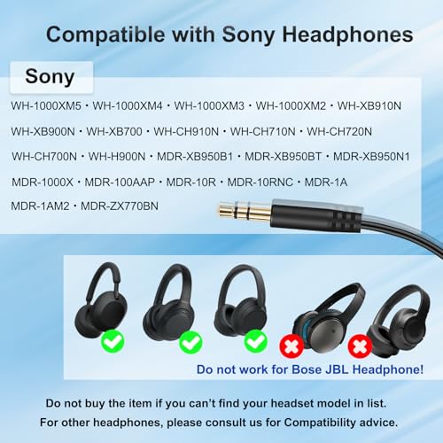 Replacement Audio Cable for Sony Headphones 3.5mm Wire Aux Cord Compatible with Sony WH-1000XM3 WH-1000XM4 WH-1000XM5 WH-CH720N WH-CH710N WH-XB910N MDR-1AM2 MDR-1000X with In-line Mic & Volume Control