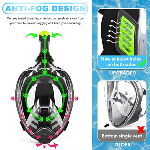 ZIPOUTE Snorkel Mask Full Face, Foldable Full Face Snorkel Mask with Detachable Camera Mount and Earplugs, 180 Panoramic View Anti-Fog Anti-Leak Snorkeling Mask for Adults (Black Ver2, L/XL)