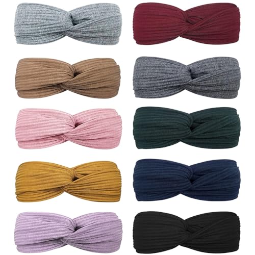 DRESHOW 10 Pack Make Up Headbands for Women Knit Vintage Cross Elastic Head Wrap Hair Accessories
