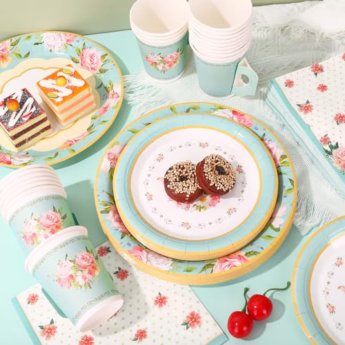 Whaline Tea Party Tableware Supplies Serves 24 Spring Floral Tea Party Disposable Paper Dinnerware, 24 9" Plates 24 7" Saucer Plate 24 9oz Tea Cups with Handle 48 Luncheon Napkins