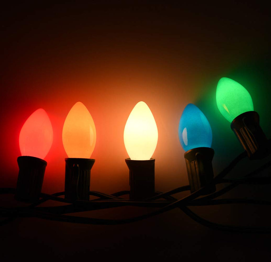 Romasaty 25 Pack Christmas Light Bulbs, C7 Ceramic Multi-Color Replacement Bulbs, C7 Outdoor String Lights Replacement Bulbs, C7/E12 Candelabra Base, 5 Watt