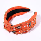 Football Headband Pearl Rhinestone Jeweled Knotted Headband Fun Sports White Hot Pink Black Blue Football Embellished Wide Top Knot Hairband Headpiece Game Day Sports Hair Accessories Gift for