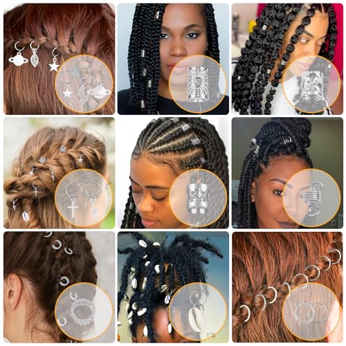 Lucomb 259 Pcs Hair Jewelry and Accessories - Silver Loc Jewelry, Hair Cuffs, Clips, Charms, Rings for Women's Braids, Dreadlocks, and Hair Decoration